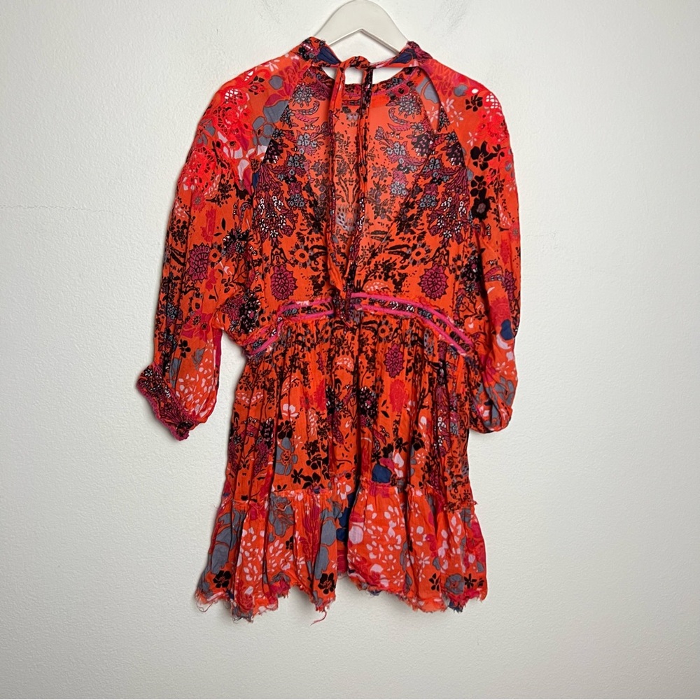 Free People Nouveau Floral Print High Neck Mini Dress Orange Red XS (No Slip) - Picture 10 of 13